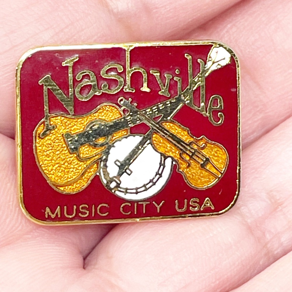 Vintage Nashville Music City USA Pin Red Gold Tone Travel Souvenir Lapel Tote